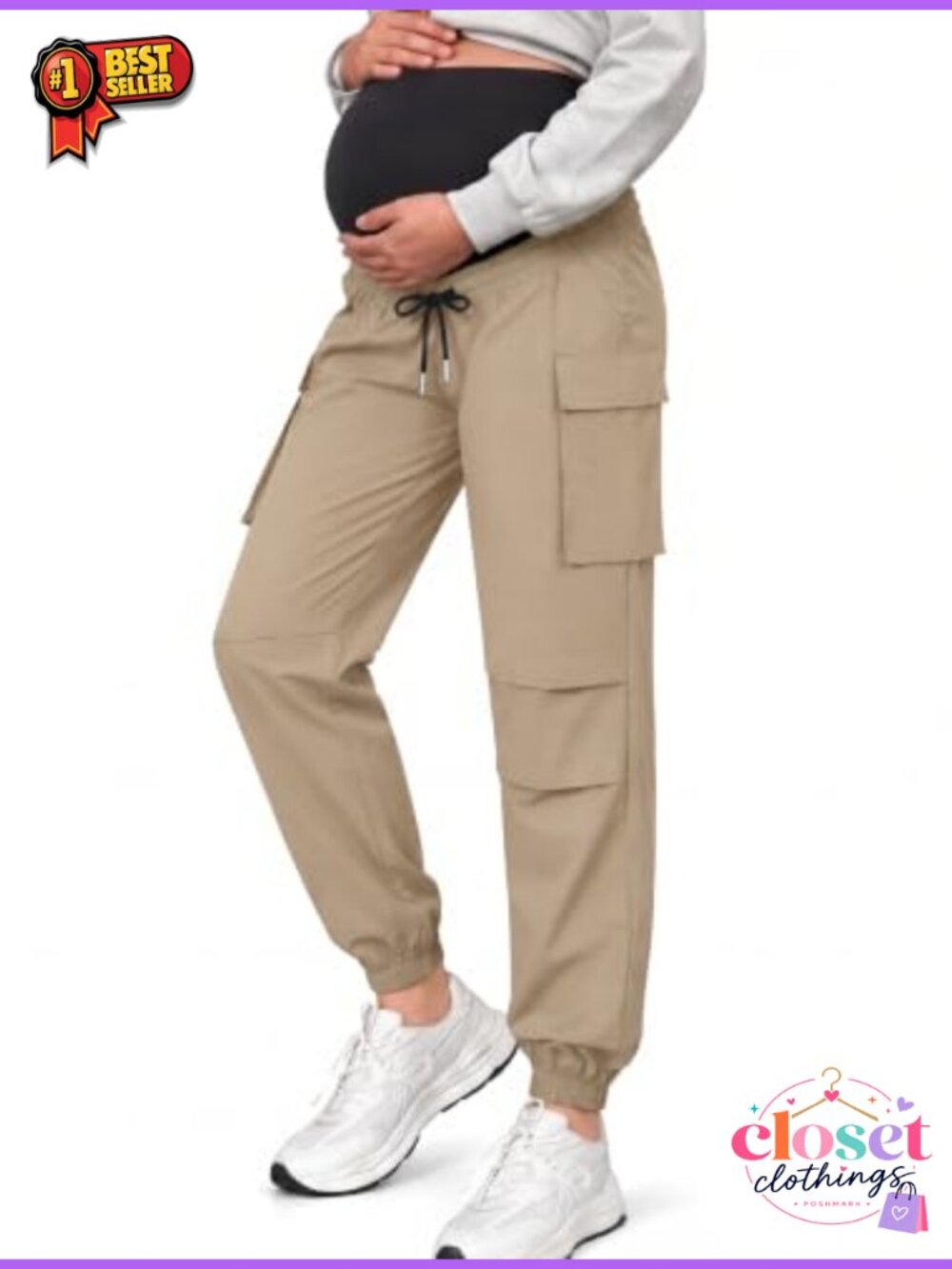 Maternity Cargo Joggers Over Belly Pregnancy Sweatpants Quick-Dry Stretch Pants